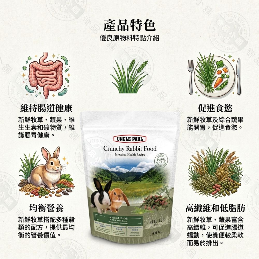 維持腸道健康產品特色優良原物料特點介紹新鮮牧草、蔬果、維生生素和礦物質維護腸胃健康。 均衡營養新鮮牧草搭配多種類的配方,提供最均衡的營養價值。UNCLE AULCrunchy Rabbit FoodIntestinal  Recipe  PHealth ,  STE500G小舖促進食慾新鮮牧草及綜合蔬果能開胃,促進食慾。高纖維和低脂肪新鮮牧草、蔬果富含高纖維,可促進腸道蠕動,使糞便較柔軟而易於排出。商品