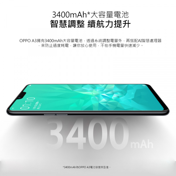 月1日*大容量電池智慧調整 續航力提升OPPO A3擁有3400mAh大容量電池透過系統調整外再搭配AI智慧處理器防止過度耗電,讓你放心使用,不怕手機電量快速減少。3400mAh*3400mAh OPPO A3電池容量典型值。